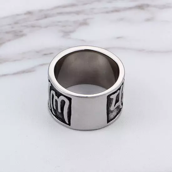 14MM Width Mantra Runes Band Men Stainless Steel Blue Turquoise Inlay Biker Ring