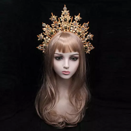 Antique Women Baroque Cross Goddess Halo Crown Headband Virgin Mary Headpieces