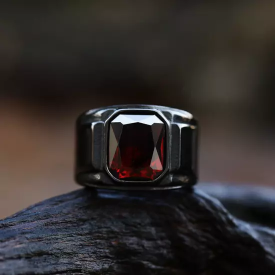 Red Stone Inlay Retro Wedding Ring Stainless Steel Men's Vintage Band Ring Black