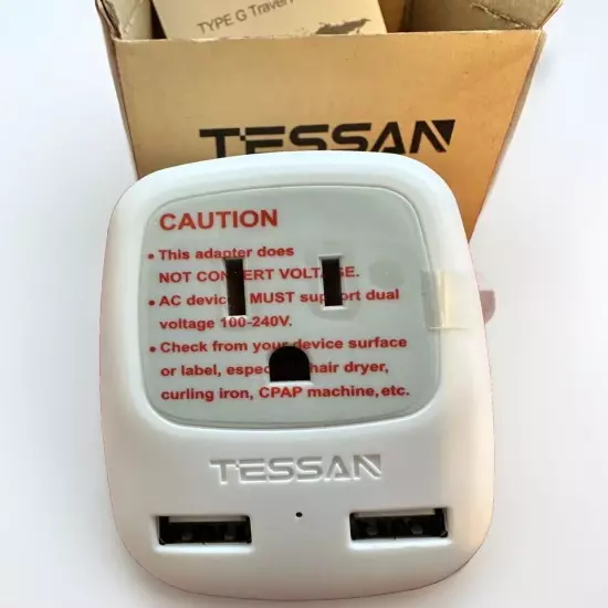 NEW Tessan Travel Adapter TS-AP2U-UK 1 Outlet 2 USB USA to UK Ireland Type G