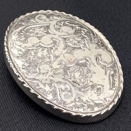 Western Woman's Oval Belt Buckle Flowers Bloom Sparkling Decorative Silver Tone 