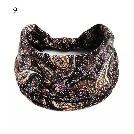 Women Boho Flower Print Wide Headband Vintage Knot Elastic Turban Headwrap *