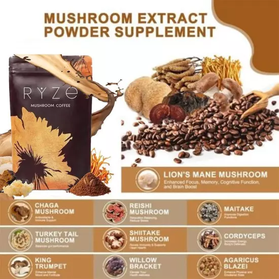 2024 RYZE Mushroom Coffee Organic Coffee 30 Servings in one Pack 180g-No odor