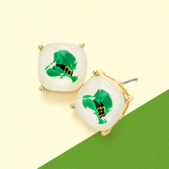 White St. Patrick's Day Hat Cushion Square Stud Earrings