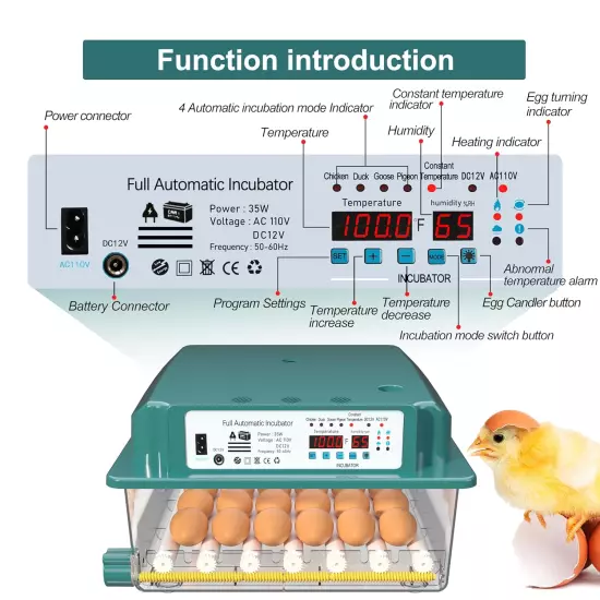 Automatic Egg Incubator Turning Humidity Monitoring 36 Eggs Chicken Duck Quail