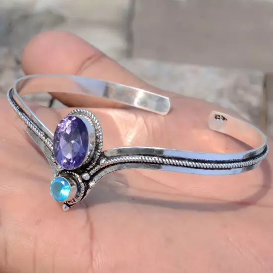 Faceted Amethyst, Blue Topaz Gemstone Bracelet 925 Sterling Silver Cuff Man Gift