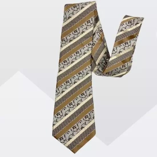 Hi-Tue Gold Beige Floral Paisley and Striped Repp Silk Tie 3" x 59"