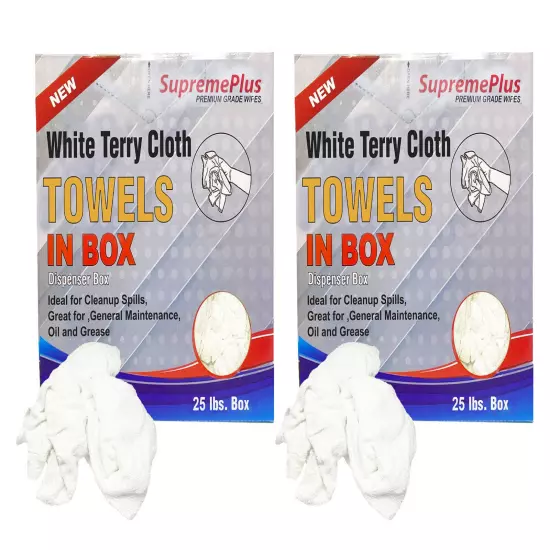 New White Terry Towels Rags - 50 lbs. Case 25 x 2 lbs. Compressed Boxes Case