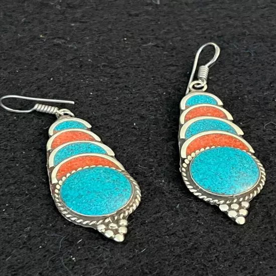 E17 Silver Turquoise and Carnelian Pierced Dangle Fishhook Earrings