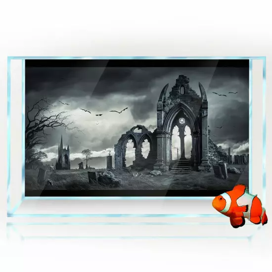 Aquarium Décor Background Sticker, Cemetery Murky Sunset Fish Tank Poster