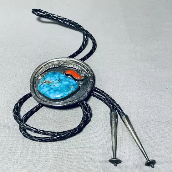 HUGE VINTAGE NAVAJO SPIDERWEB TURQUOISE STERLING SILVER BOLO TIE OLD