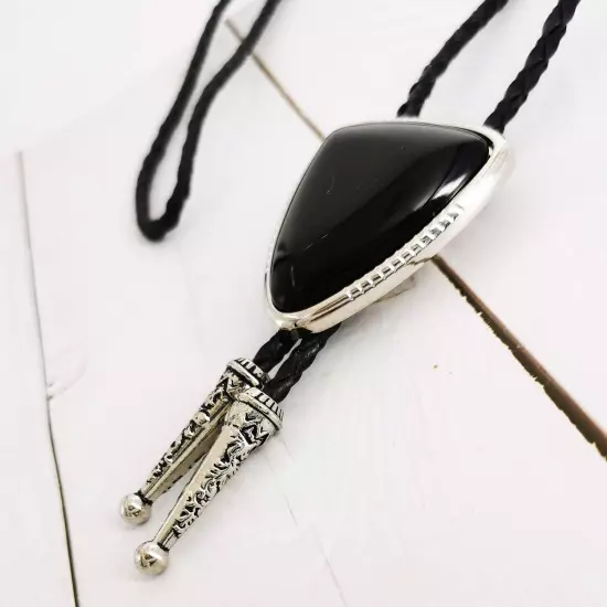 Vintage Western Cowboy Black Stone Bolo Tie for Men