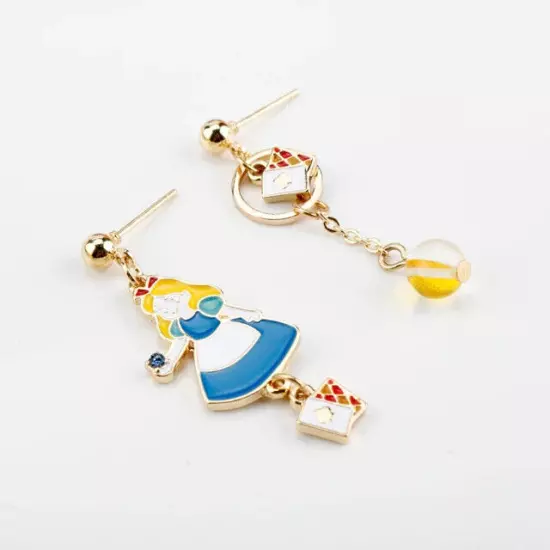 Alice In Wonderland Dangle Asymmetric Earrings Gold Tone, Playing Cards Drink Me