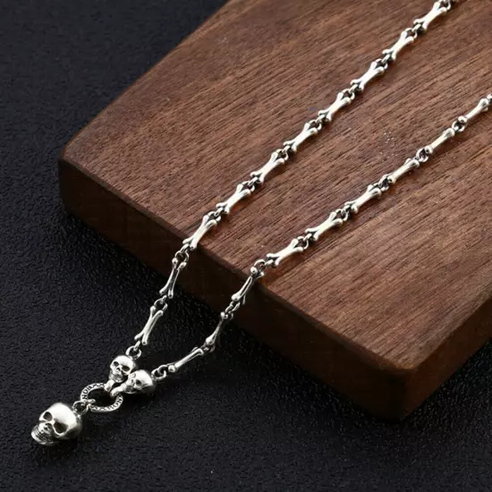 Authentic Solid S925 Sterling Silver Skull Bone Joining Necklace Pendant Chain