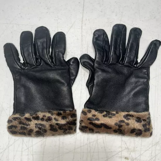 Merona Black Leather Leopard Print Cuff Women’s Gloves SZ Small