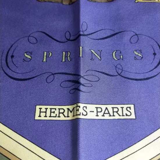 HERMÈS Scarf Carres 90 Blue Gold Silk Carriage Pattern Women France