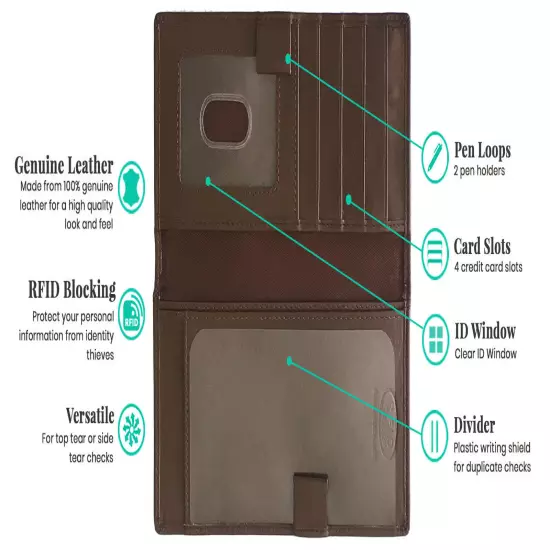 RFID Leather Checkbook Cover With Credit Card Slots and Pen Holder