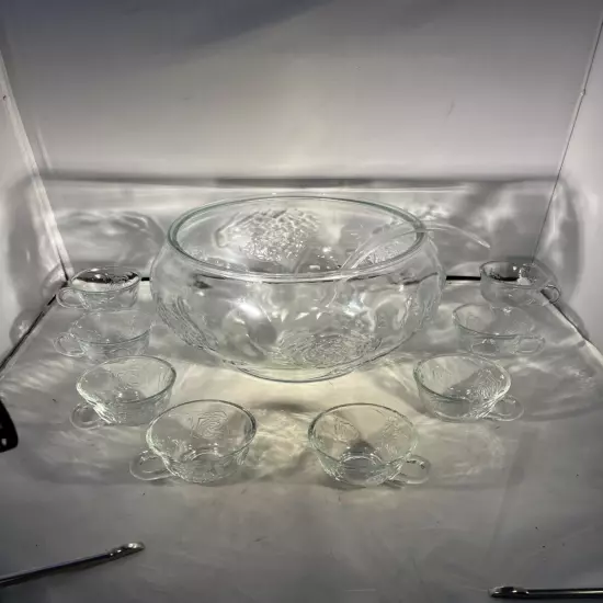 12" W x 8" H Embossed Rose Glass Punch Fruit Bowl8 Cups & 8 Hooks Party Décor AC