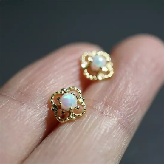 Cute Women White Fire Opal Stud Earring 18k Yellow Gold Plated Wedding Jewelry