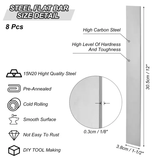 8 Pack 15N20 Steel for Knife Making Steel 1/8" x 1-1/2" x 12" Steel