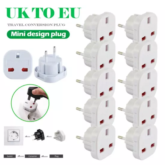 10x UK to EU European Adaptor Travel Power Plug 3-Pin to 2-Pin 10pcs/lot White