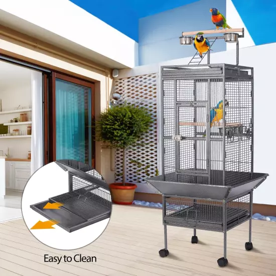 63" Wrought Iron Large Bird Flight Cage Rolling Stand African Grey Parrot Conure