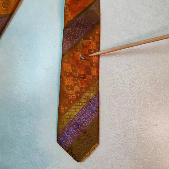 Vtg BJE Ernst Tie Orange Gold Brown Stripes Paisley Robinsons Union Made 54"