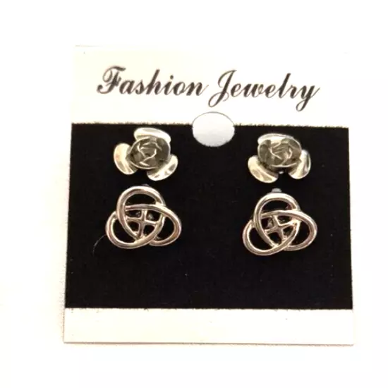 New Fashion Jewelry Women's 2 Pair Stud Earrings Silvertone Roses & Celtic Knots