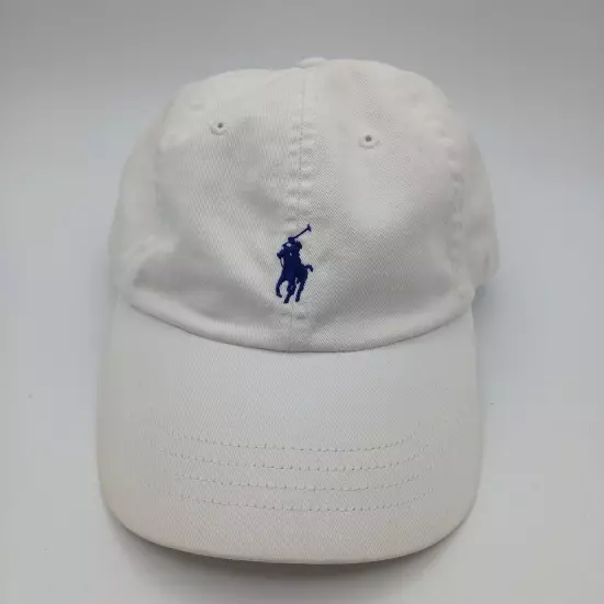 Polo Ralph Lauren Hat Cap Strap Back Solid White with Blue Pony Logo and Script