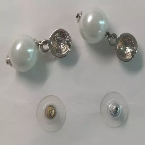 Drop Dangle Post Earrings Silver Tone Faux Pearl and Pave 1"