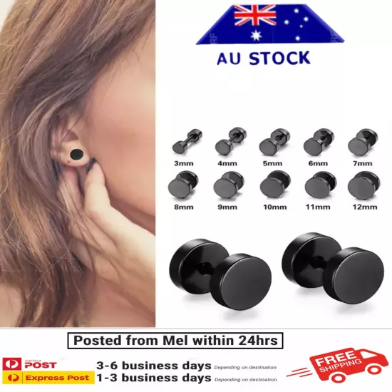 Stainless Steel Pair Black Flat Round Barbell Plug Stud Earrings Mens Gym 14-3mm