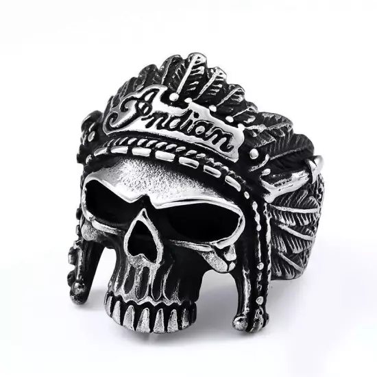 Chief Skull Indian Feather Skull Ring Stainless Steel Men's Biker Ring Size 8-13