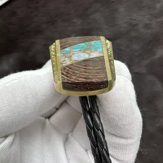 Incredible Vintage Sky West SST Brass Turquoise Gold Wood Inlay Bolo Tie ￼