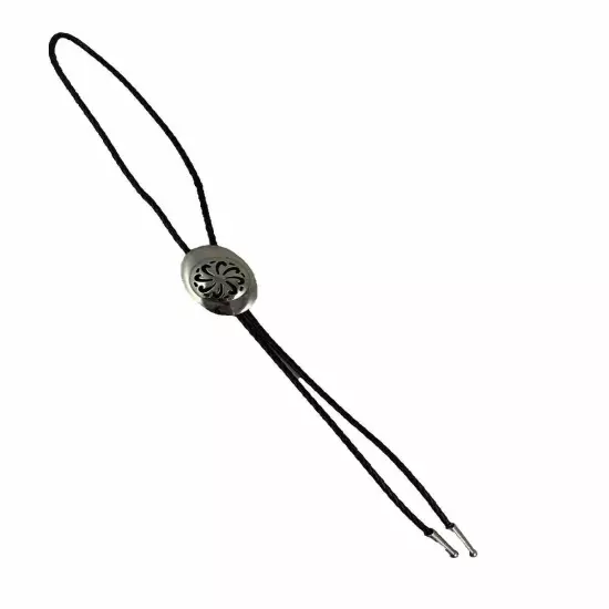 Vtg Pinwheel Bolo Tie Black Cord Silvertone Cut Out