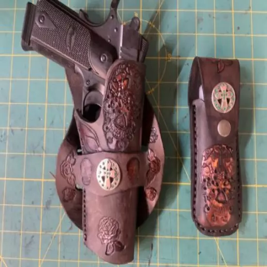 Handmade Leather Holster & 2 mag pouches 1911 Custom Carving