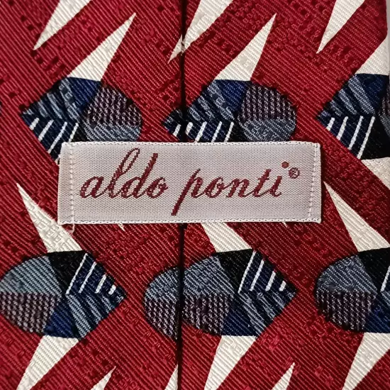 Aldo Ponti Silk Necktie Red Zigzag Lines Woven Tie Width 3 1/2" Length 57"