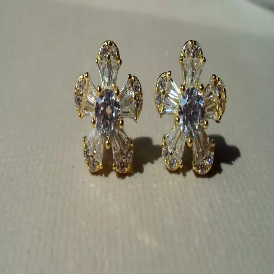 QVC Diamonique cz Sterling/14K Yellow Gold clad 1/2" Baguette Flower Earrings