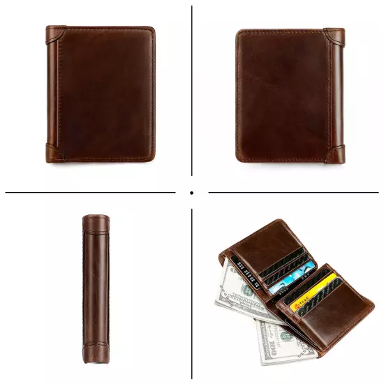 Vintage Leather Mens Slim Trifold Wallet RFID Blocking Credit Card Holder Wallet