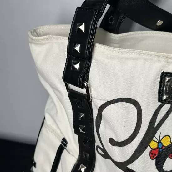 Ed Hardy White Canvas Tote Satchel Purse Leather Studded Trim 