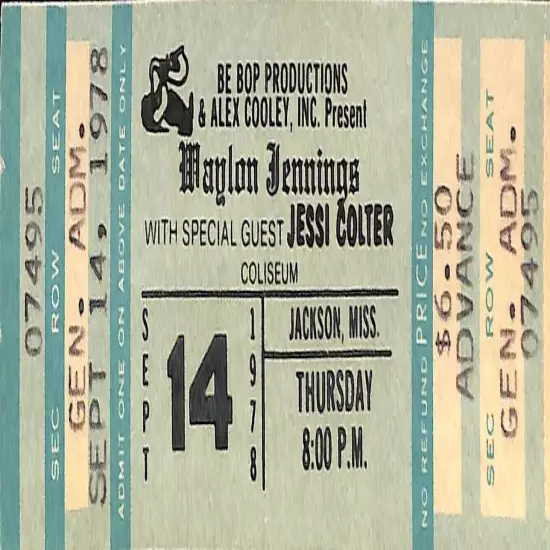 SEPTEMBER 14, 1978 WAYLON JENNINGS, JESSE COULTER CONCERT FULL TICKET