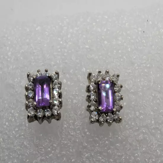 Sterling Silver 925 Amethyst & Cubic Zirconia Stud Earrings