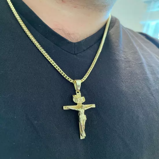 14k Gold Plated Solid 925 Silver Cross Jesus Piece Crucifix Pendant Necklace