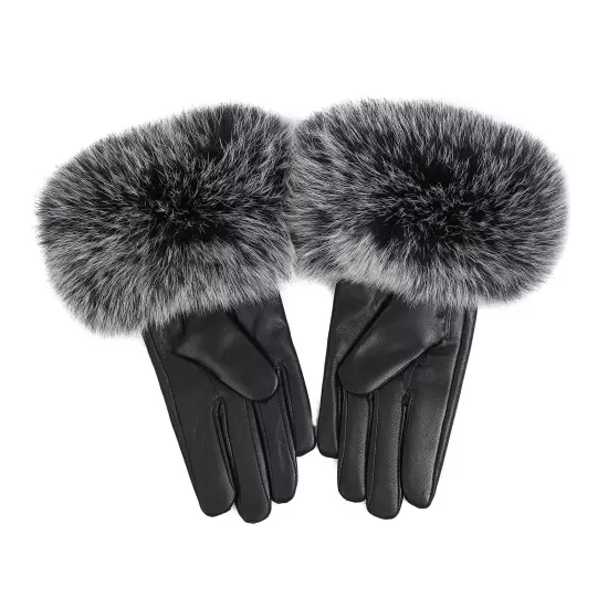 Women Genuine Lambskin Leather Gloves With Real Fox Fur Trim Cuff Winter Warm