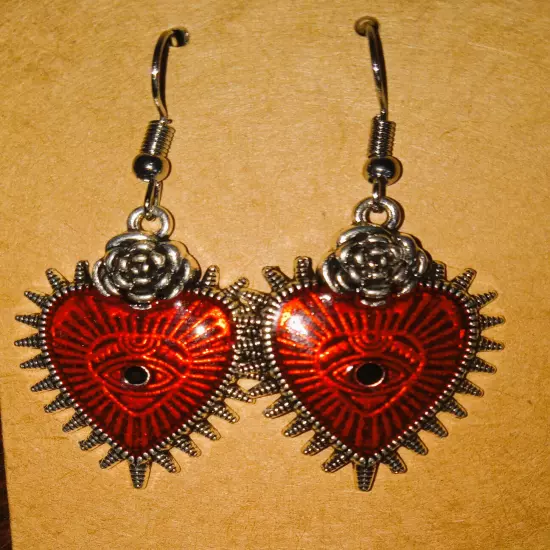 Red Enamel with Evil Eye, Heart shaped, Silvertone, Pierced Dangle Earrings Goth