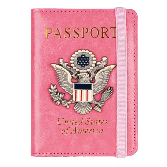 RFID Blocking Leather Passport Holder with 3D Metal Badge, Travel Document Passp