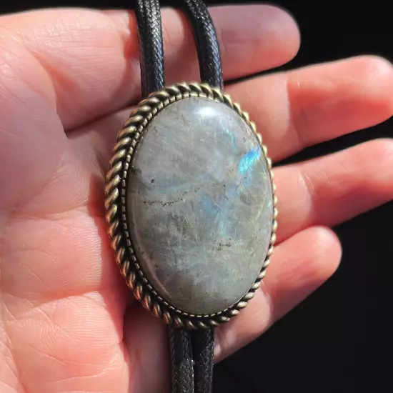 Natural Labradorite Stone Mens Bolo Tie Cowboy Vintage Alloy Waxed Rope Wedding