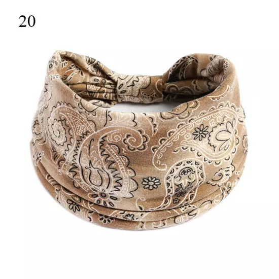 Women Boho Flower Print Wide Headband Vintage Knot Elastic Turban Headwrap *