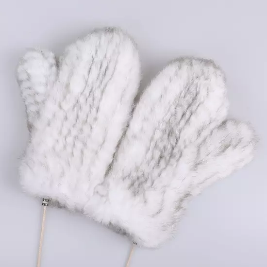 Luxury Women's Genuine Rabbit Fur Textile Knitted Mittens Winter Warm Gloves