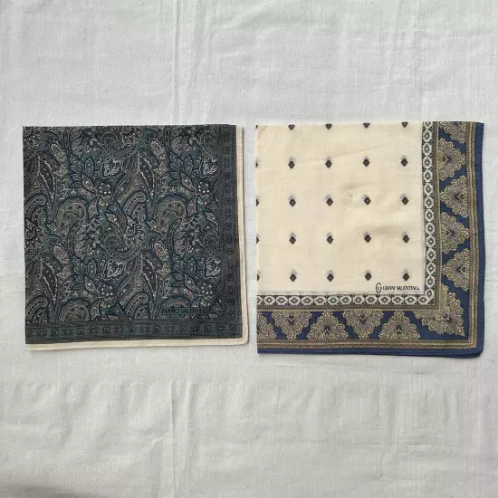 Set of 2 Handkerchief Vtg Beige Green Cotton Paisley Antique Pocket Square 18"