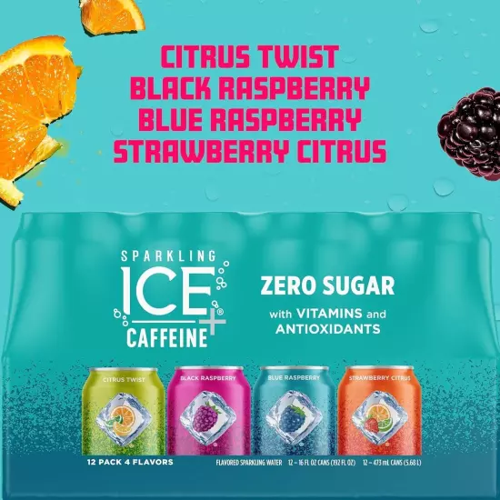 Sparkling Ice +Caffeine Variety Pack, Flavored Sparkling Water, Zero Sugar, wit